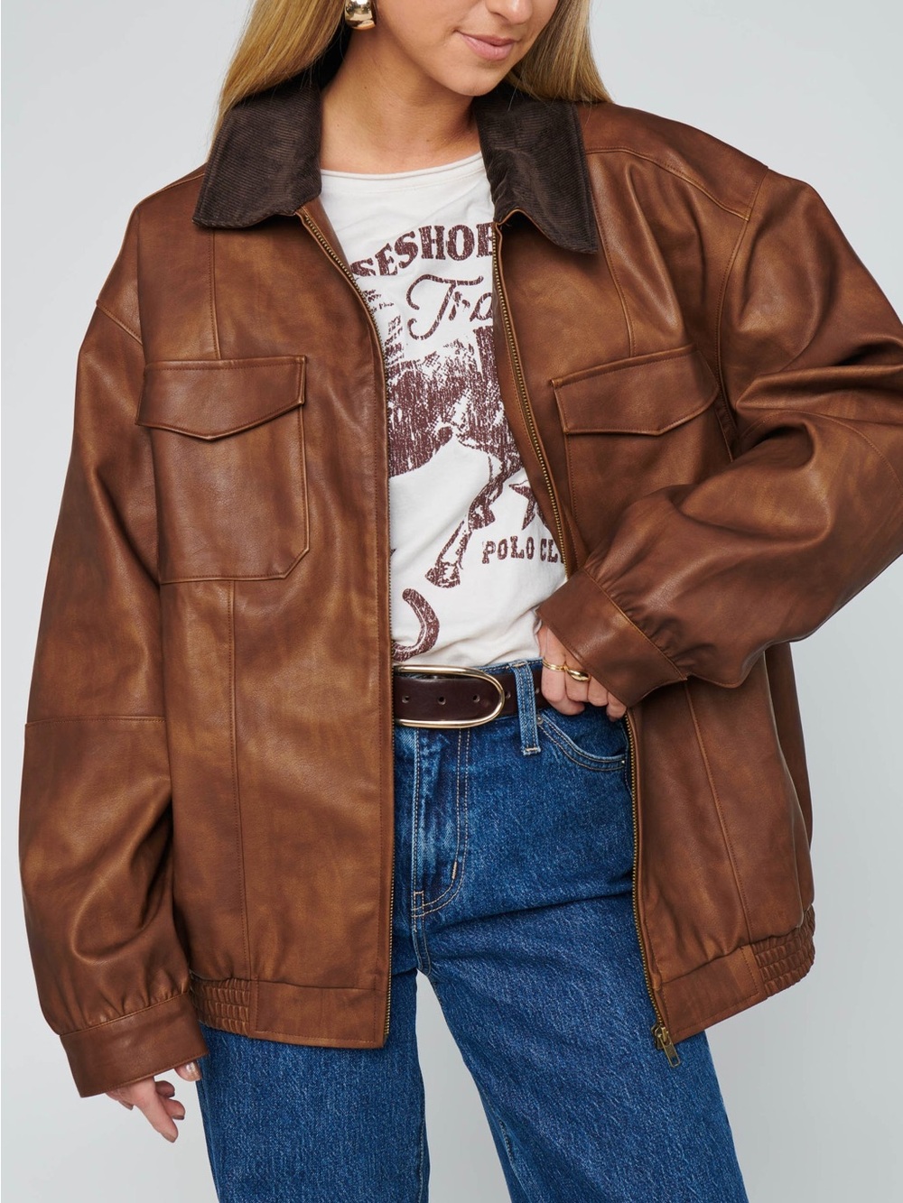 Show Me Your Mumu Maverick Bomber Barn Jacket Brown Faux Leather Size M